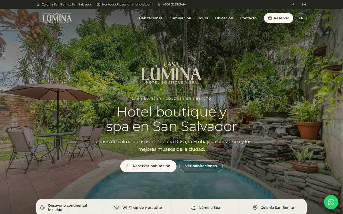 Sitio web 2026 de Casa Lúmina Hotel Boutique y Spa, diseñado por Kreativo